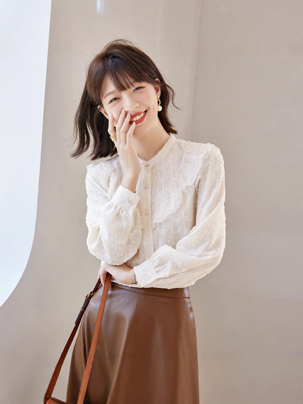 哥家商场同款女装2025秋季荷叶边长袖内搭上衣法式蕾丝设计感衬衫|undefined