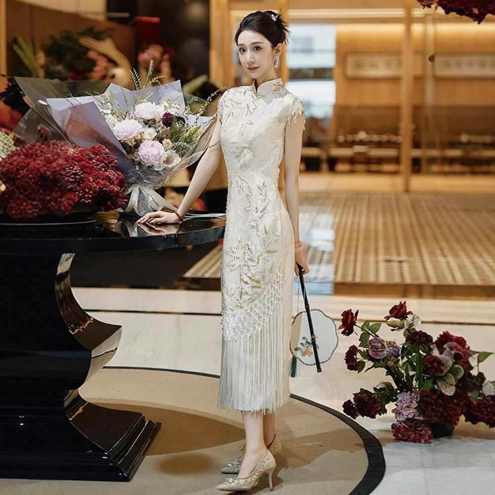 Cheongsam Toast Dress, High-End Bridal Engagement Dress, Sexy Backless Chinese Style Stand-Up Collar Dress, Elegant Elegant