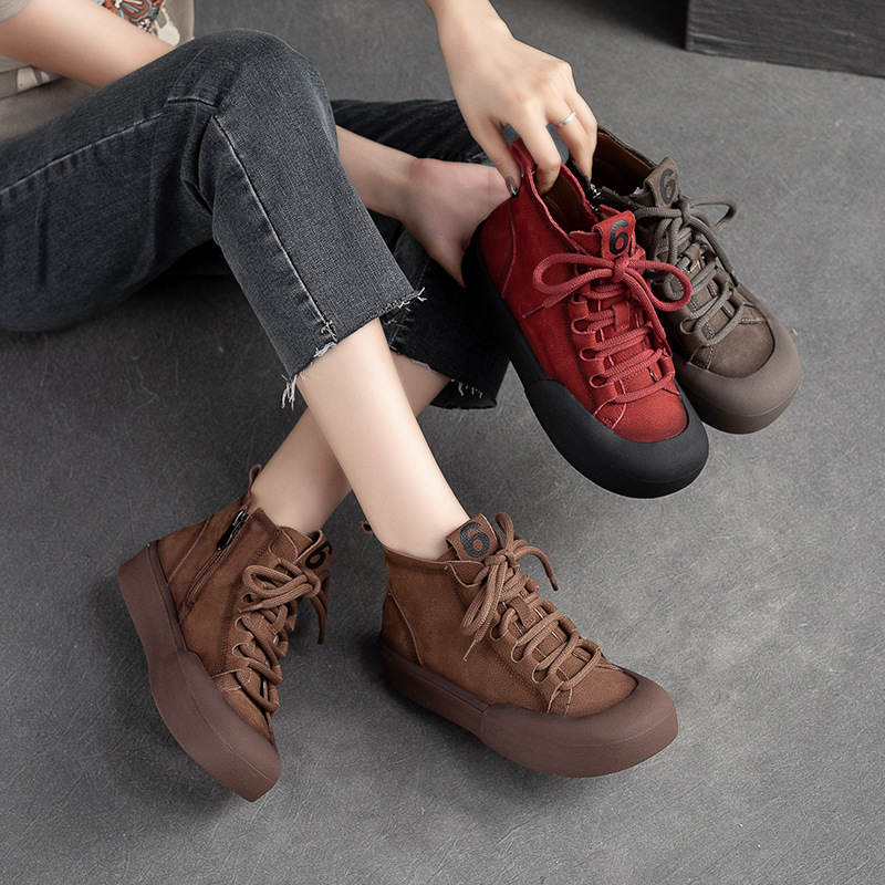 Shanghai Jiejie Autumn and Winter New Solid Color Retro Single-layer Shoes Casual All-match Trendy Sneakers Side Zipper Top Cowhide Women's Shoes
