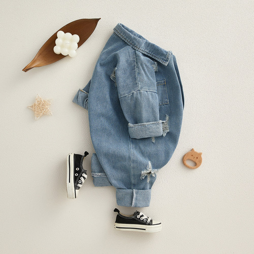Baby and Toddler Spring Fashion Trendy Denim One-Piece Outfit for Boys and Girls, Long-Sleeve Frayed Hoodie Climbing Suit for Outdoor Wear