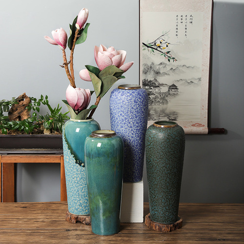 Handmade vase thin tall radish Jingdezhen ceramic blue and white vase home furnishings model room gold edge flower ware 35CM