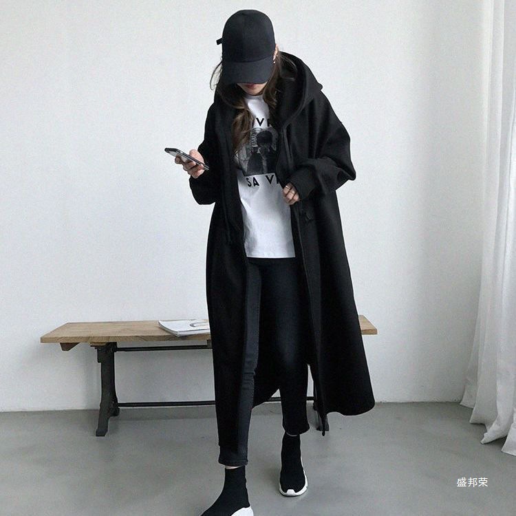 Autumn and Winter New 1.0-150kg Plus-Size Cardigan Hooded Trench Coat for Women, Loose Fleece Over-The-Knee Dress Jacket Trendy