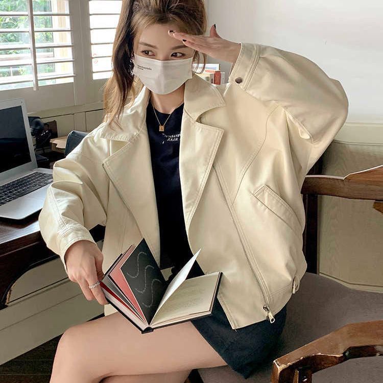 米白色皮衣外套女春秋2025新款美式复古港风小个子机车服夹克上衣|undefined