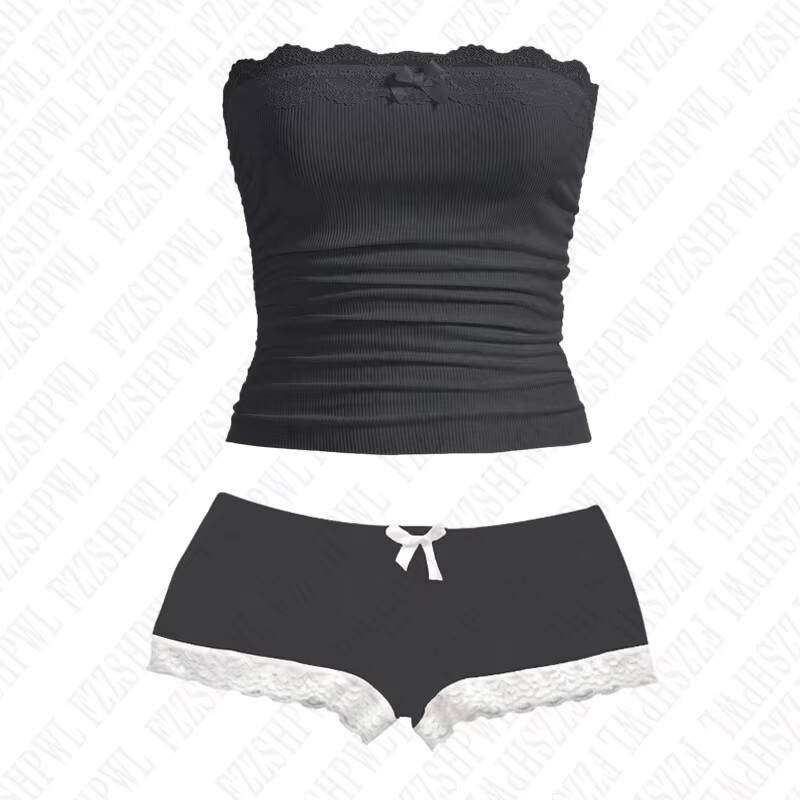 Lace-Trimmed Strapless Ribbed Ruched Tube Top Y2K Summer Crop Top That Can Be Worn Outside