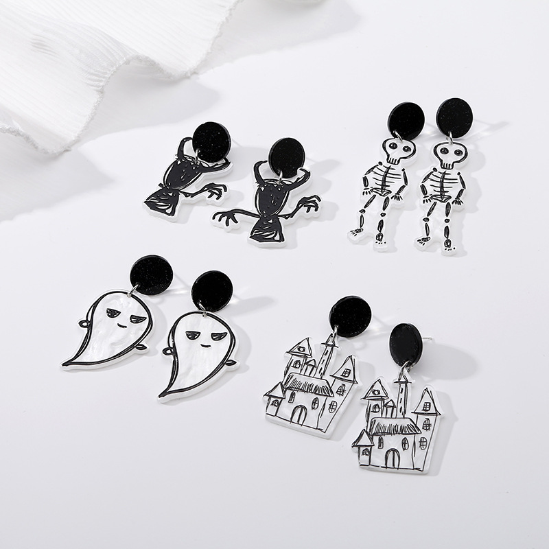 Halloween Ghost Skull Acrylic Female Stud Earrings Eccentric Personality Festival Cartoon Earrings Bones Man Castle Accessories display picture 2