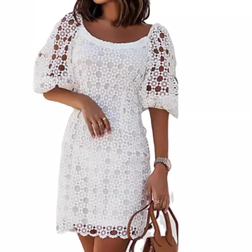2026 moda transfronteiriça amazon novo desejol temperamento feminino rendas em torno do pescoço branco midi saia vestido