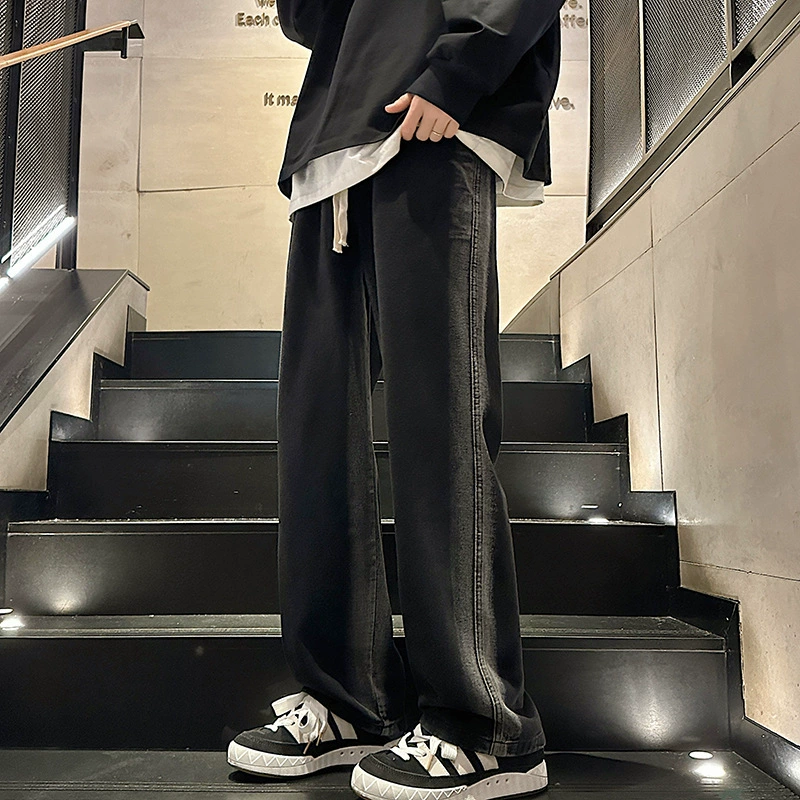 2024 ретро джинсовые брюки мужские весенне-осенние новые гонконгские стили сплошной цвет прилив бренда свободные широкие ноги универсальный фундамент