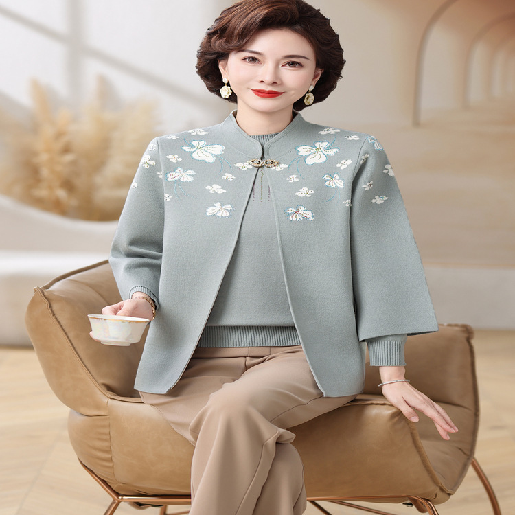 中老年人女装秋冬季毛衣开衫外套2025年妈妈春秋新款针织两件套装|undefined