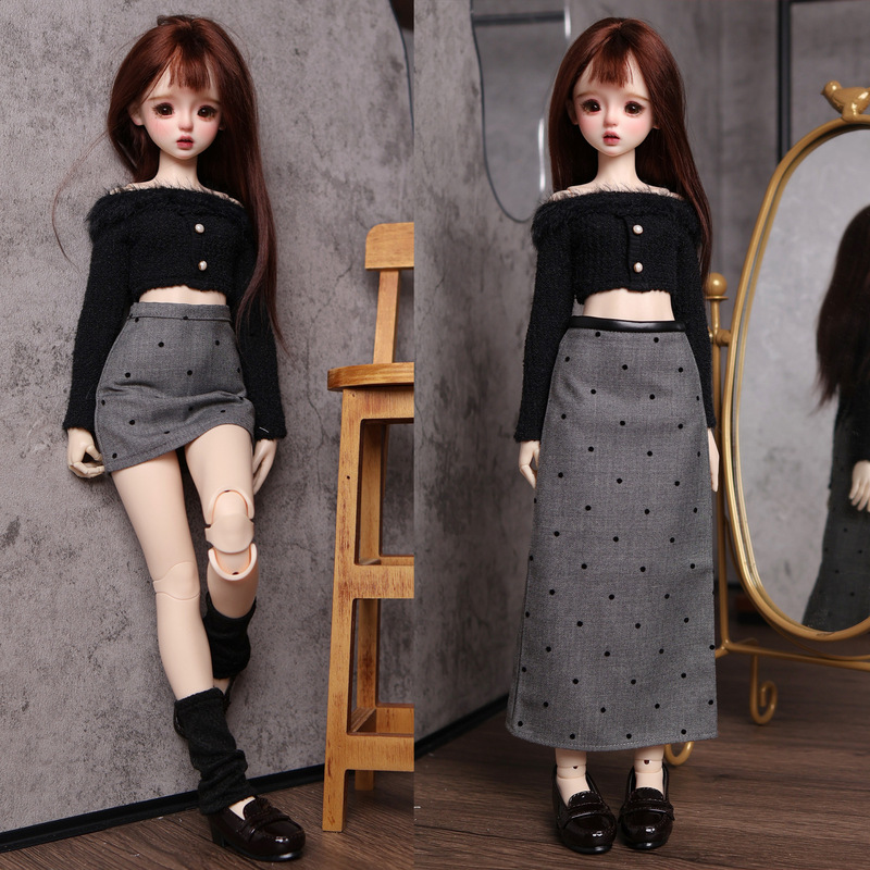 Xinyi Doll Mjd4 Points Bjd Baby Clothes Fashionable Tight Autumn and Winter Fur Collar Cuffed Pearl Button One-Shoulder Top