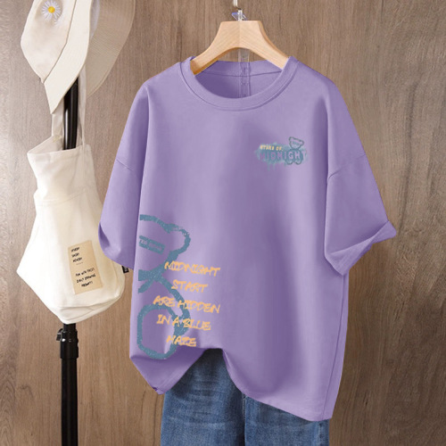 Slightly fat cover-up 100% pure cotton short-sleeved T-shirt for women 2025 summer large size loose round neck printed top trendy