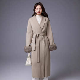 新款2025秋冬加厚大衣狐狸毛袖女系带毛呢加长款高支羊毛双面呢外