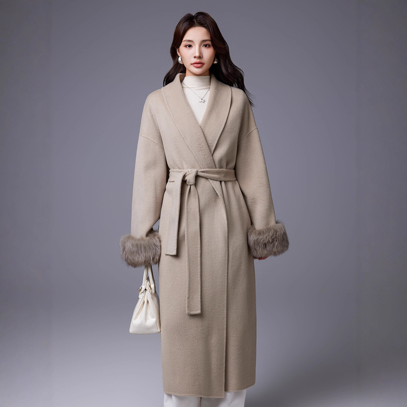 2026 Thickened Coat with Fox Fur Sleeves for Women, Belted Woolen Long Coat, High-Quality Wool Double-Sided Woolen Coat, Elegant Style