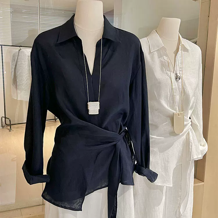 衬衫女时尚设计感不规则系带收腰法式老钱风松弛气质长袖宽松上衣