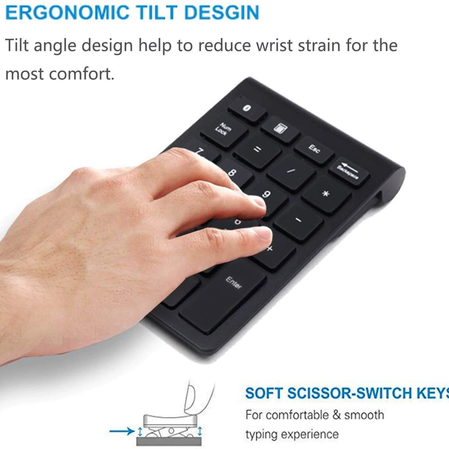 22-key wireless numeric keypad, Bluetooth 5.0 / 2.4G, ABS scissor-switch, battery-powered 2×AAA