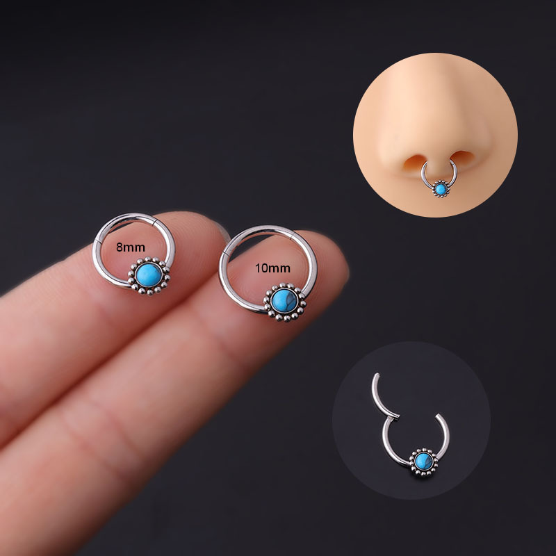Unisex Fashion Circle Stainless Steel Metal Nose ring Polishing Inlay Turquoise