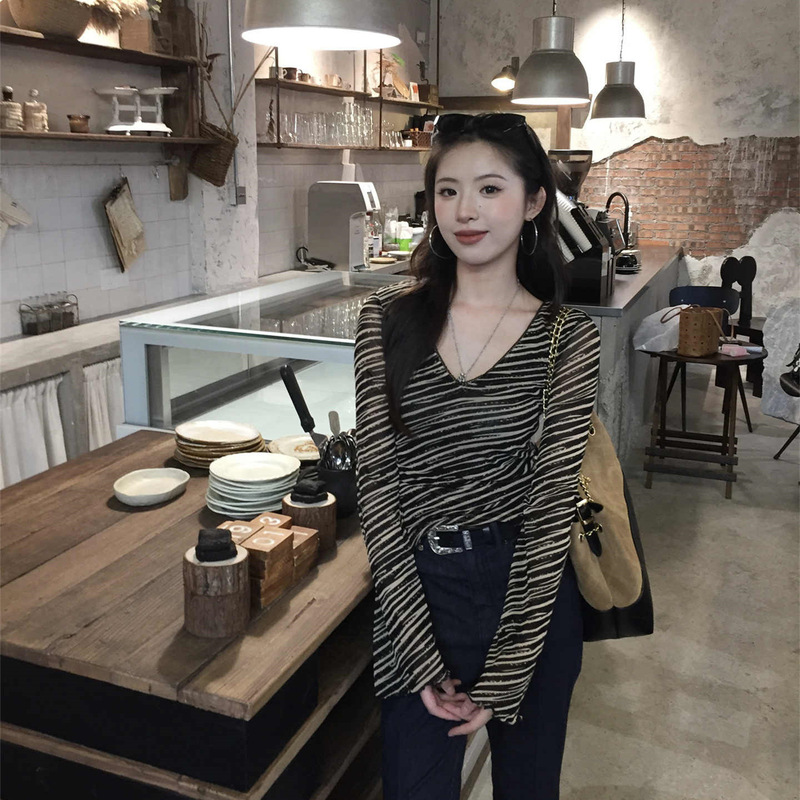 Early Autumn Slim Fit Stretch Zebra Pattern Lace Mesh V-Neck Long-Sleeved T-Shirt Women's Retro Design Bottoming Shirt Trendy Top