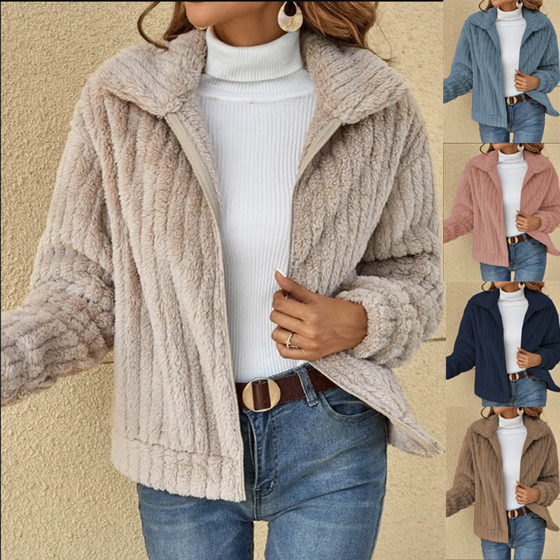 Amazon European and American Cross-Border Women's Clothing 2025 Autumn and Winter New Ribbed Plush Cardigan with Lapel Short Jacket