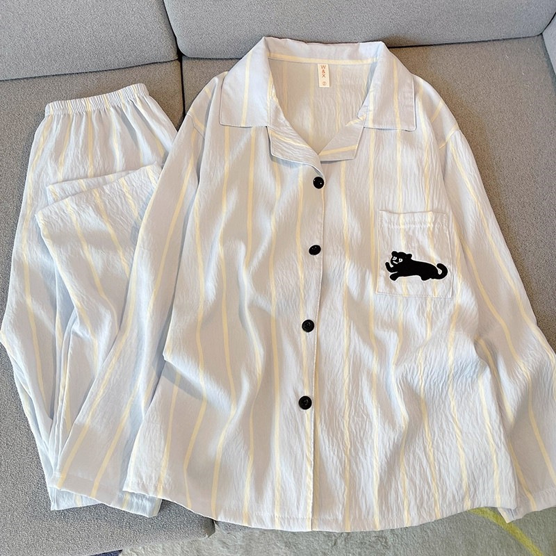 Negro Kitty nube de algodón para parejas pijamas de primavera y otoño mujeres de manga larga se puede usar ropa para el hogar de hombre verano