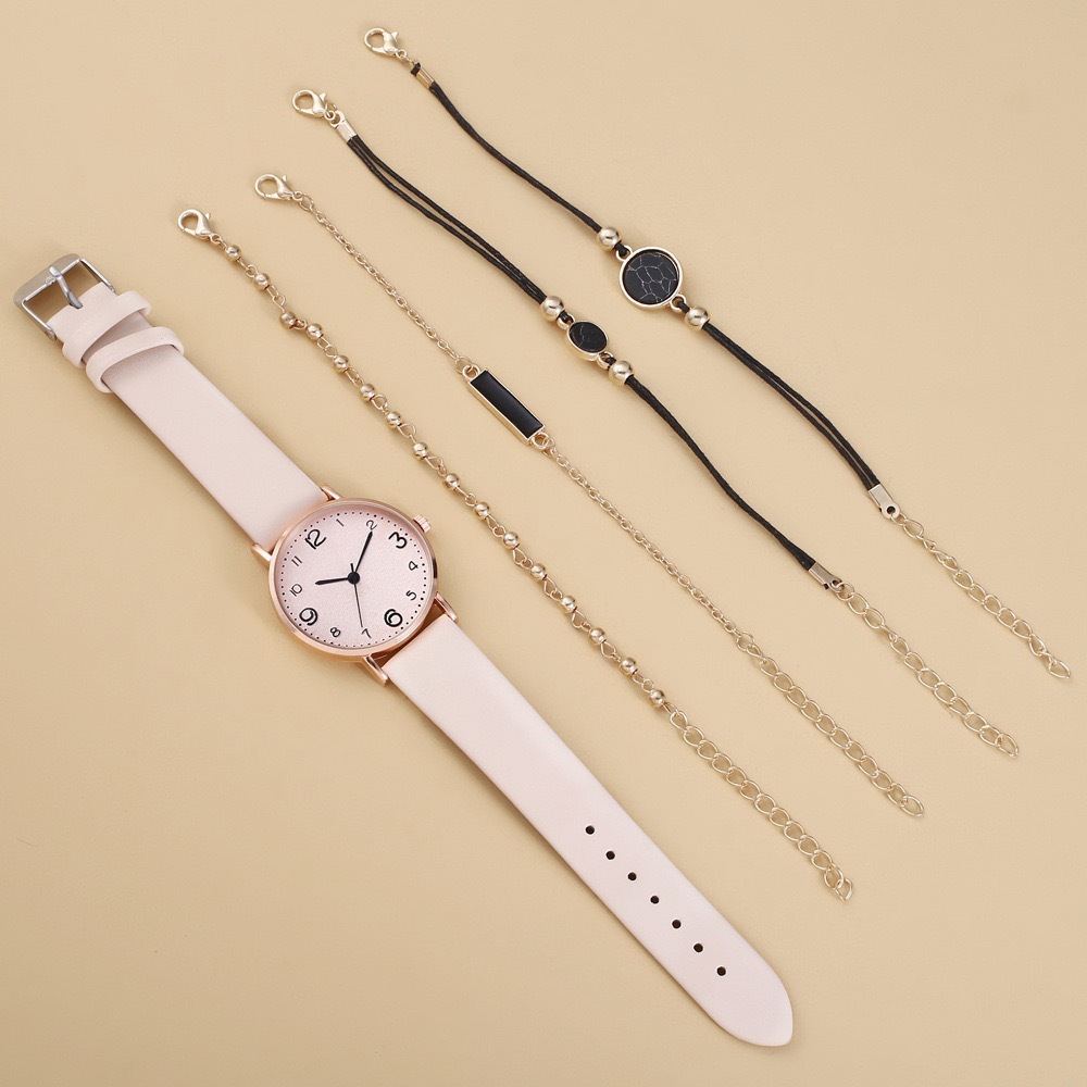 exclusive for simple and versatile fresh preppy style trend belt quartz watch + bracelet (5pcs/set)_voghion.com