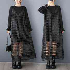 实拍2025春秋宽松气质设计感银丝网格马甲背心+纯色长袖T恤两件套