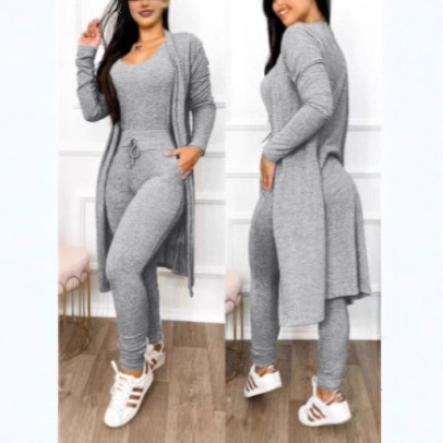 Cross-Border Foreign Trade European and American Amazon Autumn and Winter Cardigan Long Casual Jumpsuit Set Solid Color Multi-Color Women's Clothing
