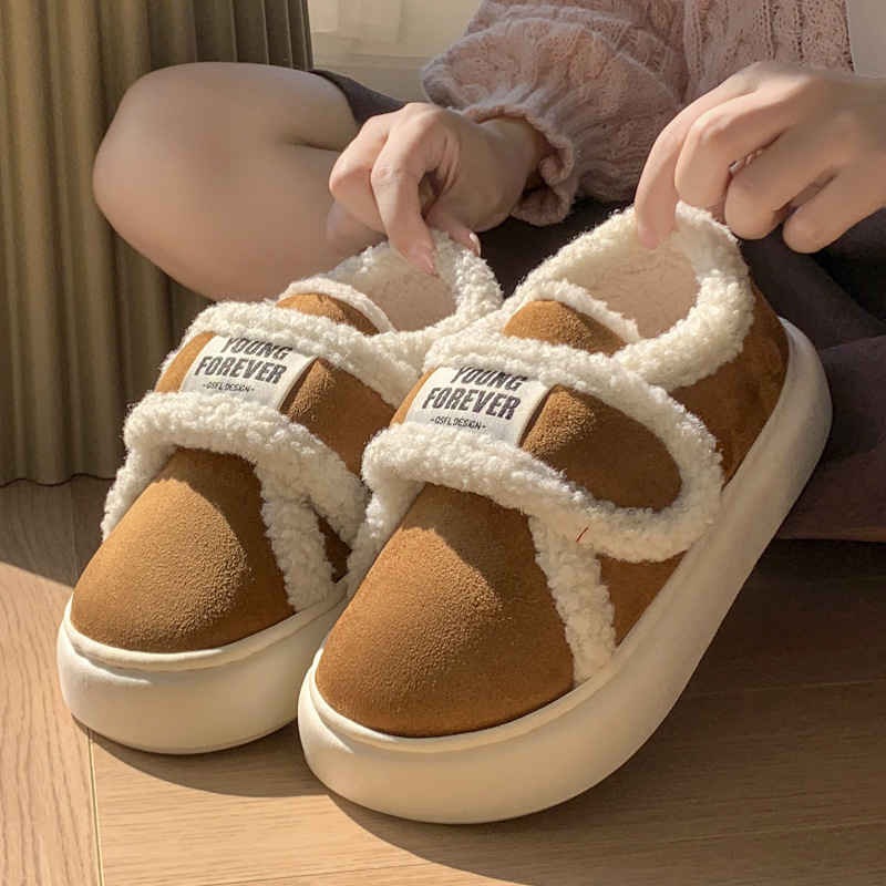 Lambswool cotton slippers women's autumn and winter warm retro thick bottom indoor home cotton shoes furry outer wear couple bag heel
