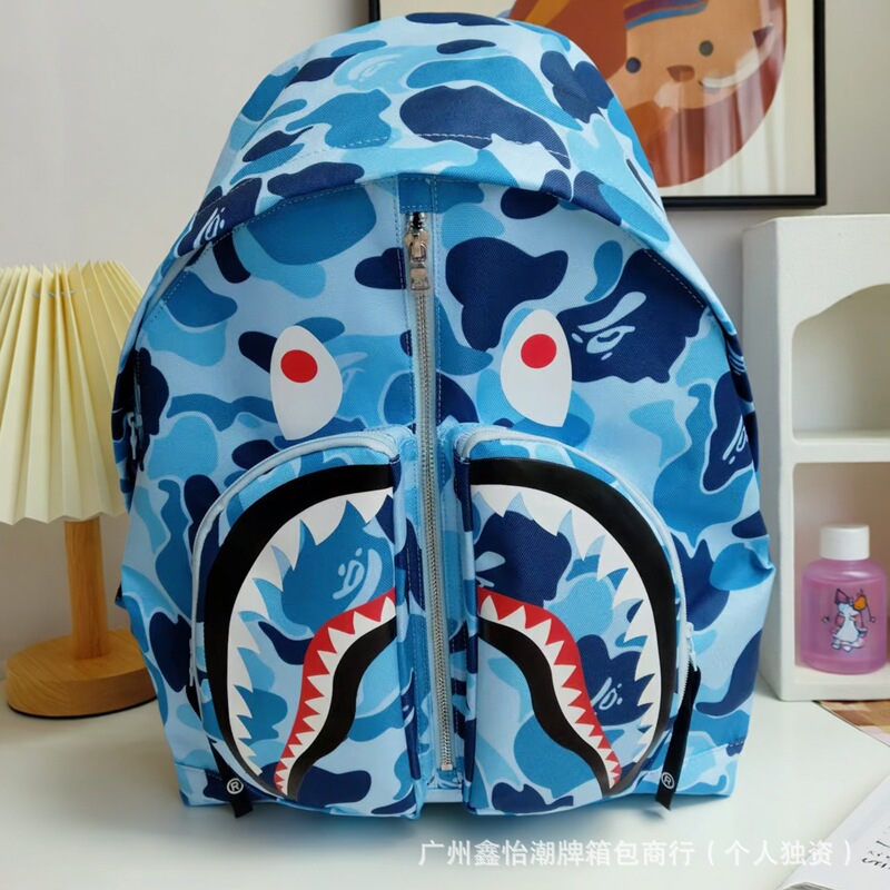 Bape New Camouflage Shark Backpack Trendy Casual Versatile Backpack Male and Female Student Couple School Bag Large Capacity Blue