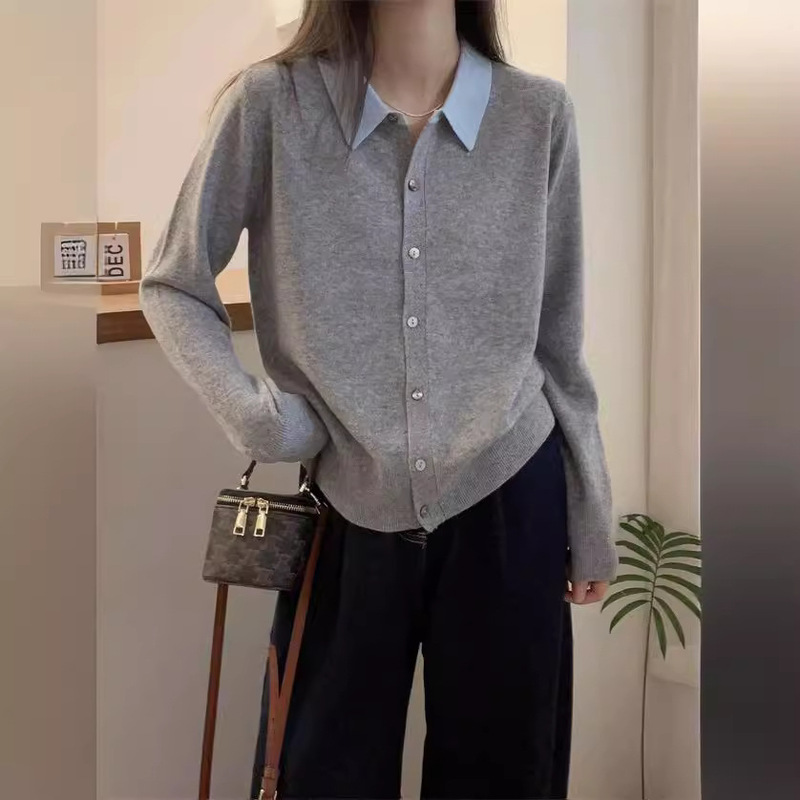 French Stitching POLO Collar Cashmere Knitted Cardigan Women's Spring and Autumn Loose All-match Sweater Coat Shirt Collar Wool Sweater