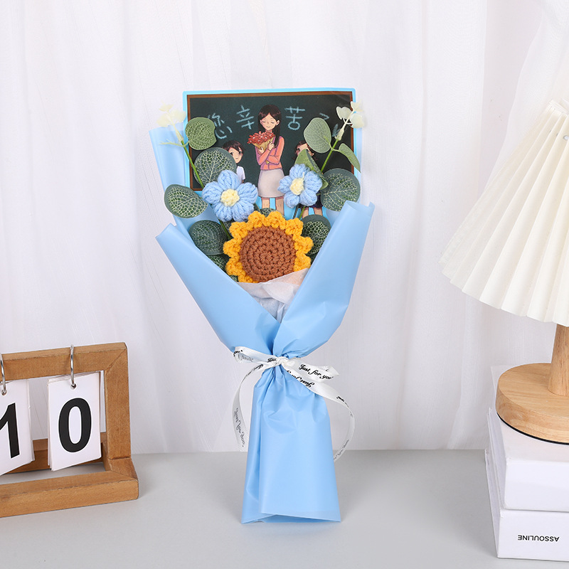 Regalos del día del maestro para niños y niñas, regalos creativos de vacaciones, lana hecha a mano, punto puff, ramo de girasol