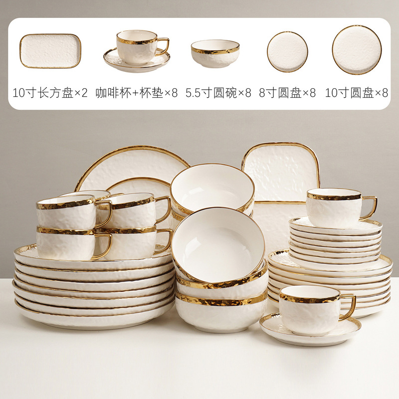 Nordic Gold-Rimmed Water Ripple Ceramic Tableware Set, High-Looking Home Restaurant Tableware, Amazon Best-Selling Set