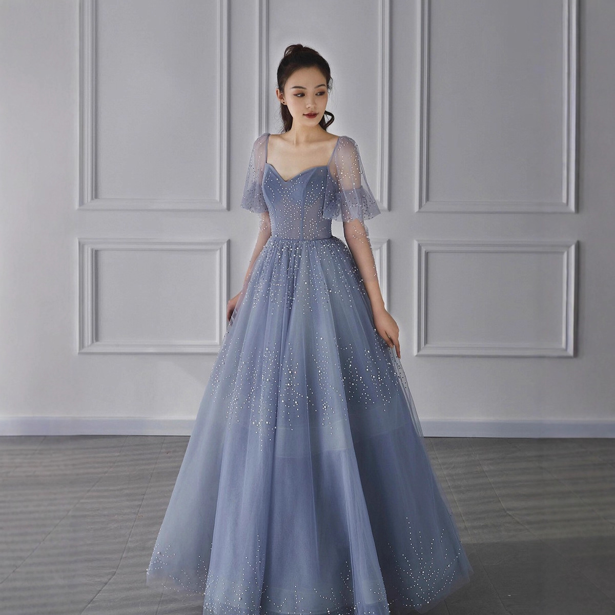 Foreign Trade European and American Vocal Music Art Examination Host Fashion Haze Blue Ball Tousled Dress Toast Dress Bride Evening Dress Factory