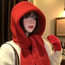 大头围帽子女拉法帽子女秋冬新款针织连帽围脖一体保暖护耳毛线帽