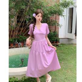遮肚夏紫色连衣裙超仙显瘦裙子女2025可甜可盐系带约会温柔风法式