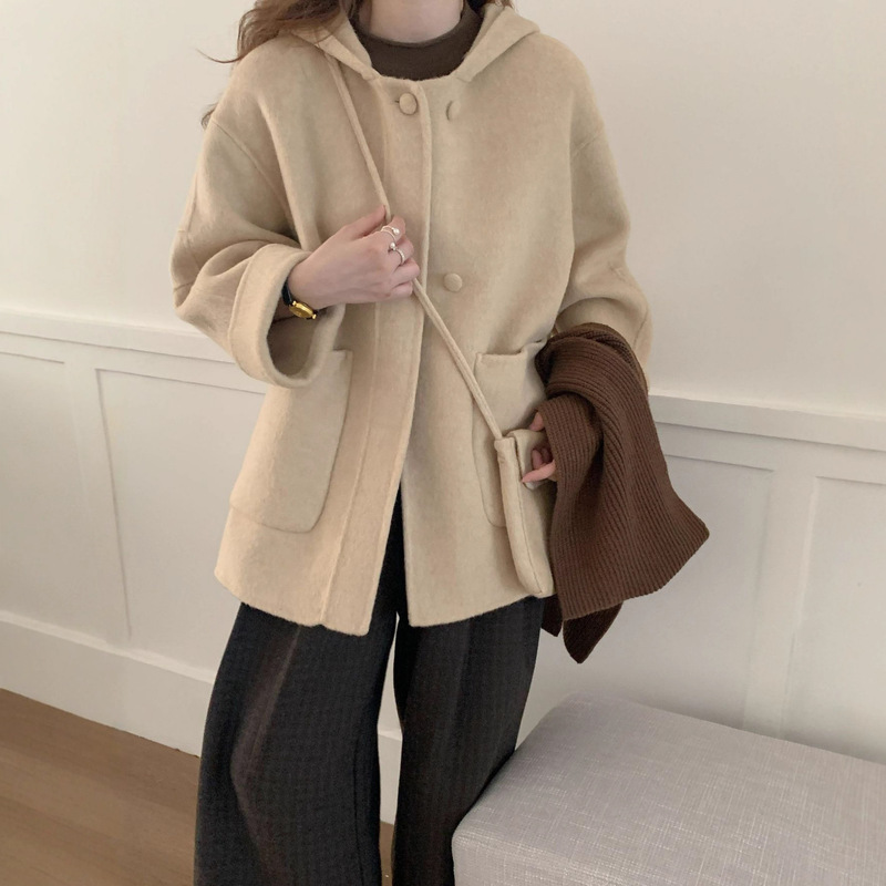 2025 Autumn/Winter New Style Su Li Alpaca Wool Hooded Double-Sided Woolen Coat for Women, Mid-Length Thickened Korean Style Woolen Jacket