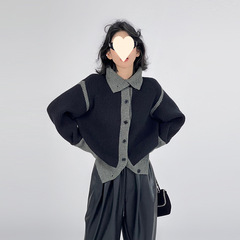 高襟の色合わせのセーターのカーディガンの女性の灰色の優しい韓国系の気質のシンプルなデザイン感のおしゃれな上着