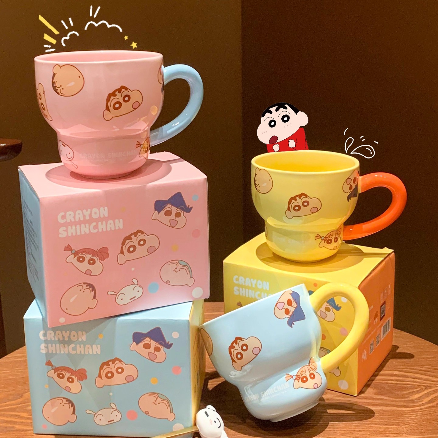 正版蜡笔小新可爱陶瓷马克杯带勺女孩儿童喝水牛奶杯早茶早餐杯子