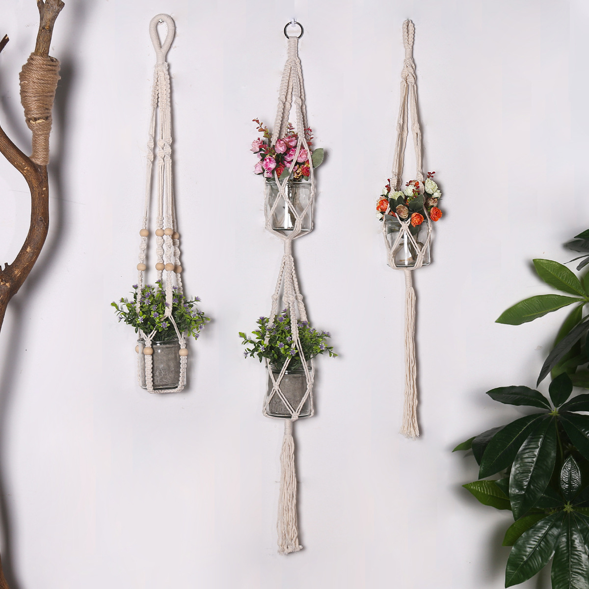 Nordic minimalist style handmade woven three-piece basket wall hanging net storage garden pot plant basket decoration