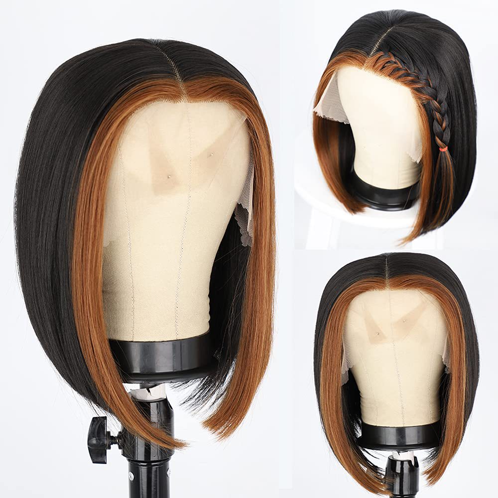 European and American Style Lace Front Wig for Women, Gradient Color Highlights, Bob Haircut, Short Straight Synthetic Hair, Wholesale, Can Be Permed and Dyed