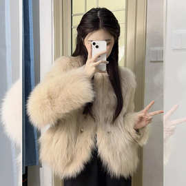 爱依轩圆领仿毛皮短外套女 新款落肩宽松毛绒秋冬保暖外衣