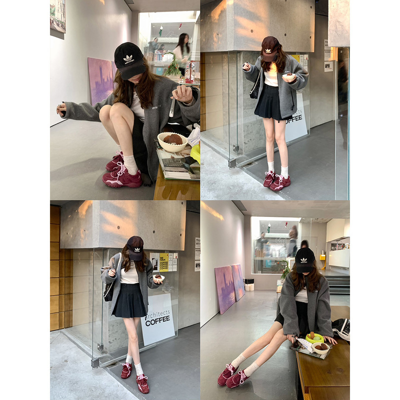 牛皮版葡萄妈同款月牙芭蕾内增高休闲老爹鞋保龄球德训鞋女阿甘鞋|undefined