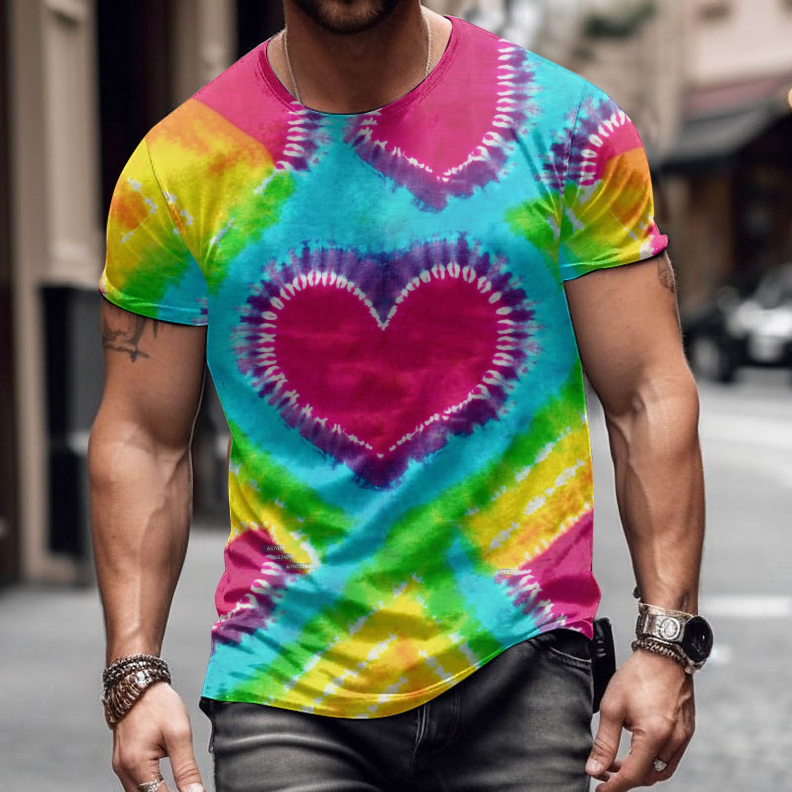Moda romántica Día de San Valentín colorido amor 3D cepillado lleno de impresión de los hombres calle alta suelta transpirable camiseta de manga corta en stock