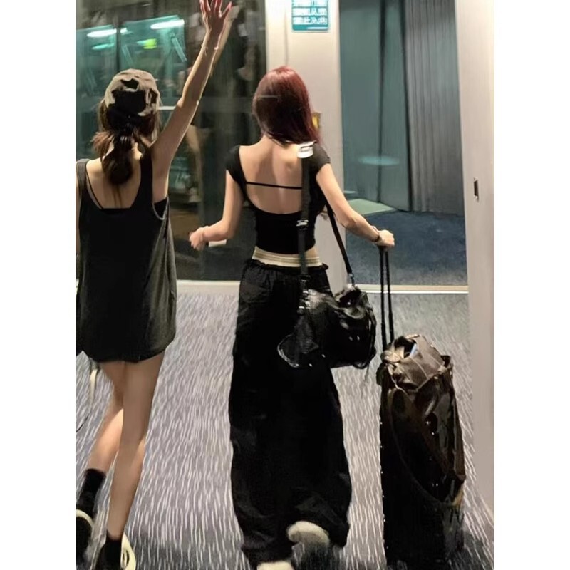 藏青色挂脖吊带带胸垫背心女夏外穿遮副乳露背小上衣美背辣妹穿搭|undefined