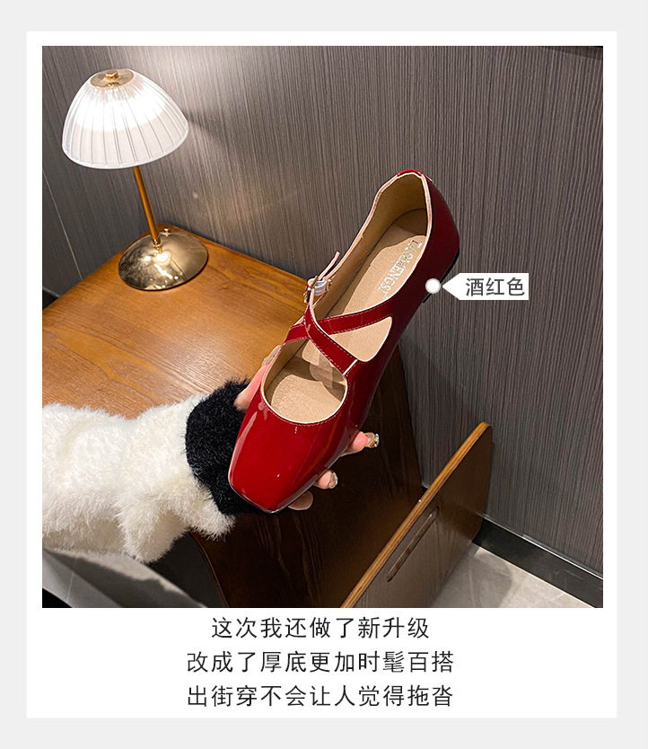 Giày Mary Jane nữ quai chéo mũi vuông, quai khóa nông, đế bằng gót thấp — Màu đen, Màu đỏ chi tiết 9