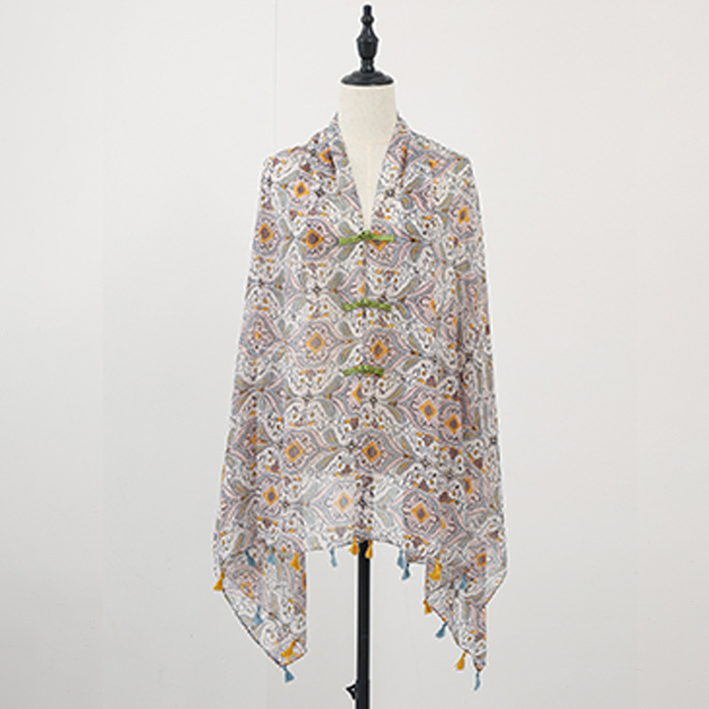 Chal de verano con falda, estampado de verano, nuevo estilo chino, bufanda de seda con hebilla, chal de protección solar, chaleco pequeño