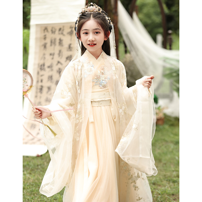 Little Girl's Hanfu for Mid-Autumn Festival, Exquisite and Flowing Traditional Chinese Costume, Children's Miniature Hanfu Dress with Chardonnay-Color Wide Sleeves and Waist-Length Hem