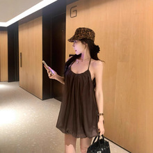 实拍现货2025纯欲度假风挂脖系带露背连衣裙性感吊带花苞纱裙短裙
