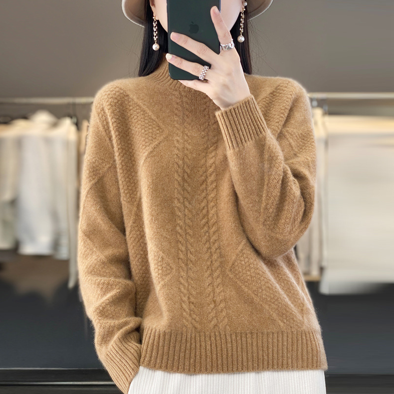 Women's Half Turtle Collar Diamond Cable Wool Bottoming Sweater Autumn And Winter Loose Lazy Style Thickened Sweater For Women