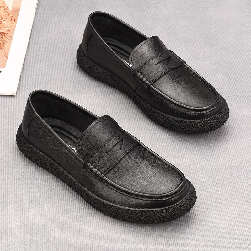 皮鞋男春季新款潮流百搭真皮休闲鞋男士豆豆鞋男一脚蹬软皮乐福鞋