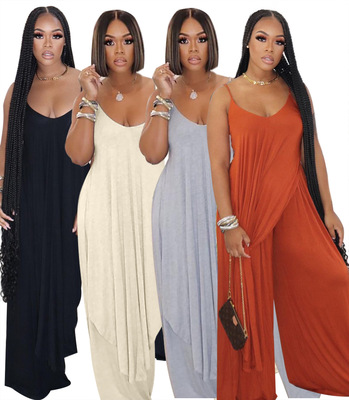 XM7003 外贸跨境女装不规则纯色调节吊带欧美时尚休闲阔腿裤套装