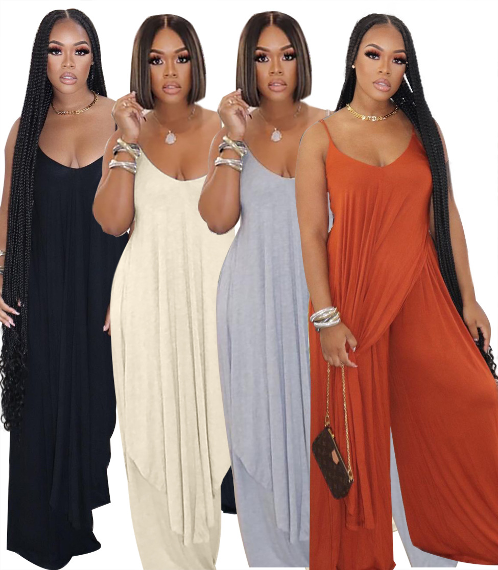 XM7003 外贸跨境女装不规则纯色调节吊带欧美时尚休闲阔腿裤套装